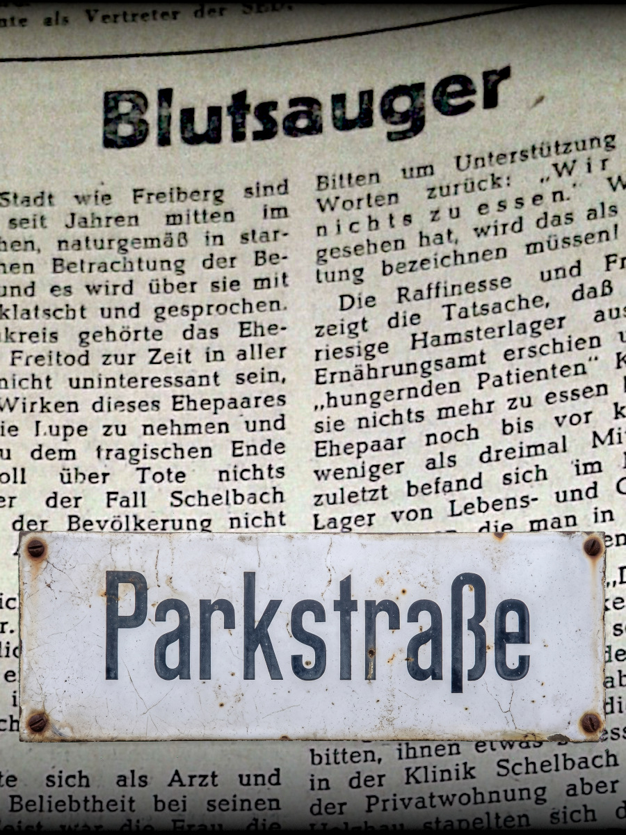 Zeitungsartikel mit Überschrift "Blutsauger" und Straßenschild "Parkstraße"